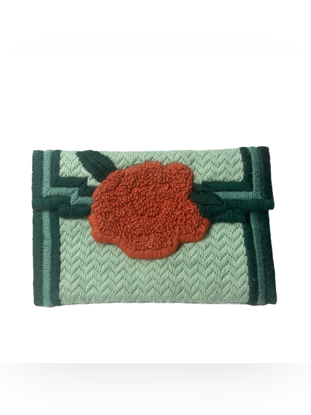 Vintage Full Coverage Yarn Embroidered Clutch Purse Chevron French Knot Rose